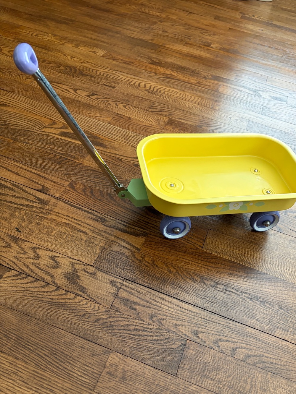 Vintage Toy Wagon Yellow Metal Flower Decals Purple Wheels Hallmark